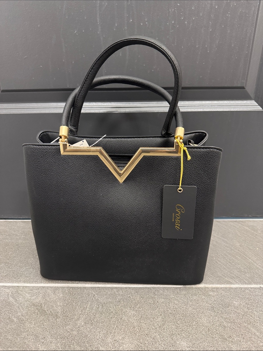 Black Structured Tote with Gold Accent